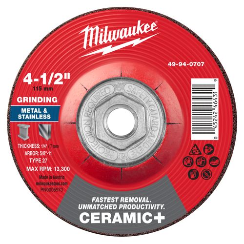 Main product image of 4-1/2" x 1/4" x 5/8"-11 Ceramic & Metal Grinding Wheel - Type 27