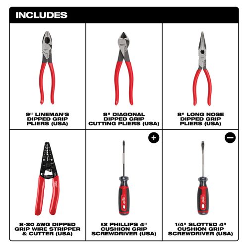 Main product image of 6 Piece Dipped Grip Cutting Pliers, Wire Stripper & Cushion Grip Screwdriver Set (Made in USA), MT500-6