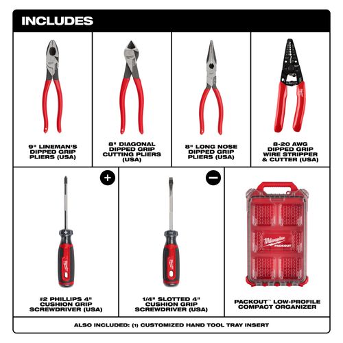 Main product image of 6 Piece Dipped Grip Cutting Pliers, Wire Stripper & Cushion Grip Screwdriver Set w/ PACKOUT Low-Profile Organizer, MT500-6P