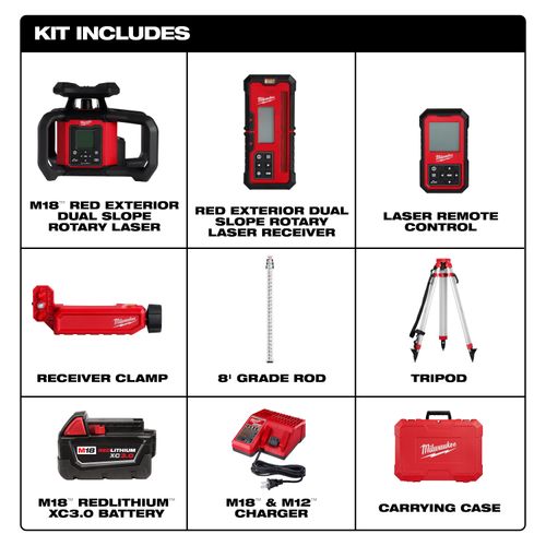Main product image of M18 Dual Slope Rotary Laser Level Kit w/ Receiver, Remote, Grade Rod & Tripod