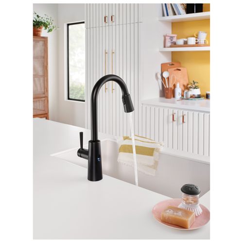 Main product image of Riley Matte Black 1 Handle High Arc Pulldown Kitchen Faucet, Motionsense Wave, 7402EWBL