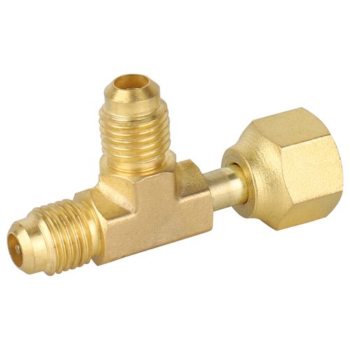 Main product image of 1/4" Access Tee Connector w/ Flare Nut & Depressor, 1/4" SAE x 1/4" FE SAE Swivel, Nut on Run (Pack of 3)