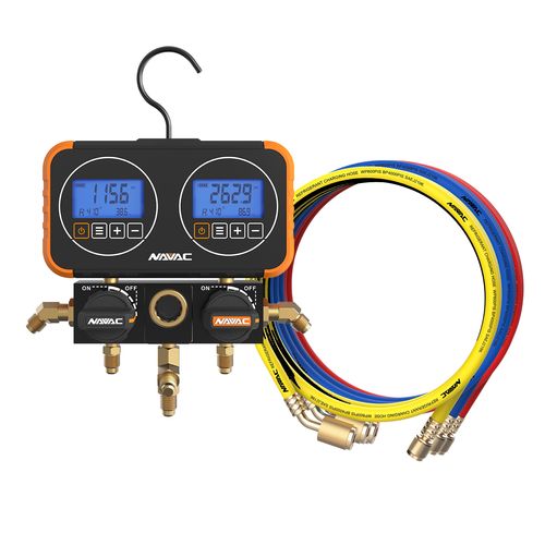 Main product image of Flex72 Manifold Gauge w/ Digital Display, Accomodates 72 Refrigerants & 1/4" 45-Degree Low Loss Refrigerant Hose Set - Red, Blue, and Yellow (5')