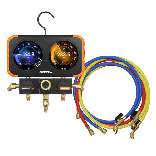 Main product image of Flex-X Manifold Gauge w/ HD Digital Display, Accommodates 72 Refrigerants & 1/4" 45-Degree Charging Refrigerant Hose Set (5')