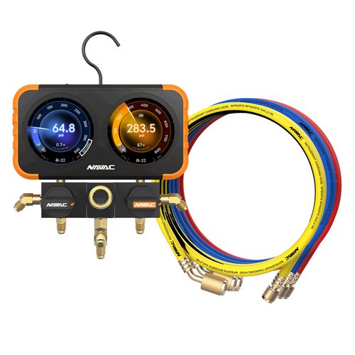 Main product image of Flex-X Manifold Gauge w/ HD Digital Display, Accommodates 72 Refrigerants & 1/4" 45-Degree Low Loss Refrigerant Hose Set - Red, Blue, and Yellow (5')