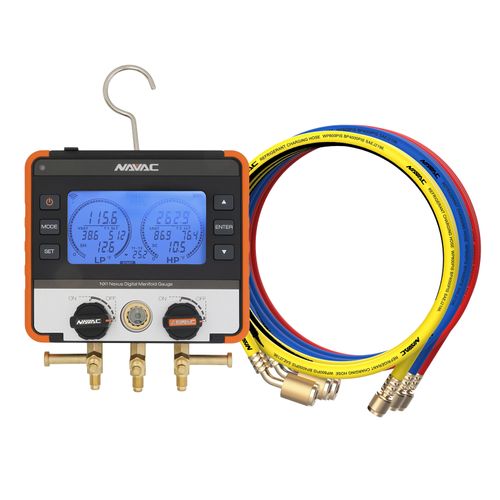 Main product image of Nexus Digital Manifold Gauge, Bluetooth-Enabled & 1/4" 45-Degree Low Loss Refrigerant Hose Set - Red, Blue, and Yellow (5')