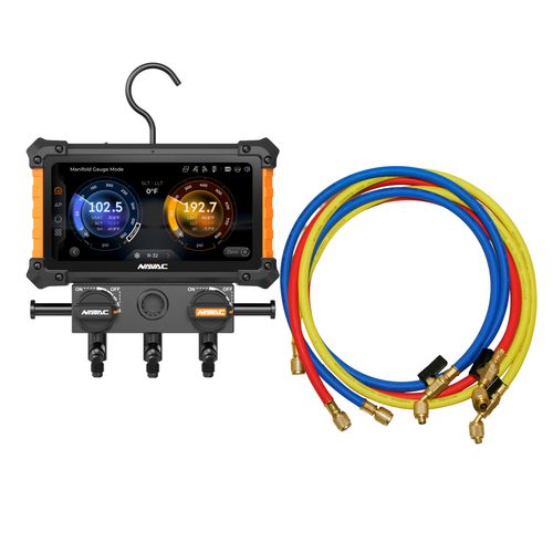 Main product image of Digital Manifold Gauge 2 Valve w/ Wireless Temp Clamps (Bluetooth and myNAVAC App Compatible) - w/o Vacuum Gauge & 1/4" 45-Degree Charging Refrigerant Hose Set (5')