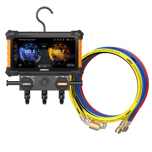 Main product image of Digital Manifold Gauge 2 Valve w/ Wireless Temp Clamps (Bluetooth and myNAVAC App Compatible) - w/o Vacuum Gauge & 1/4" 45-Degree Low Loss Refrigerant Hose Set - Red, Blue, and Yellow (5')