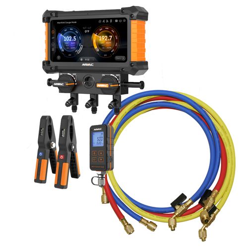 Main product image of Digital Manifold Gauge 2 Valve w/ Wireless Temp Clamps (Bluetooth and myNAVAC App Compatible) - w/ Vacuum Gauge & 1/4" 45-Degree Charging Refrigerant Hose Set (5')