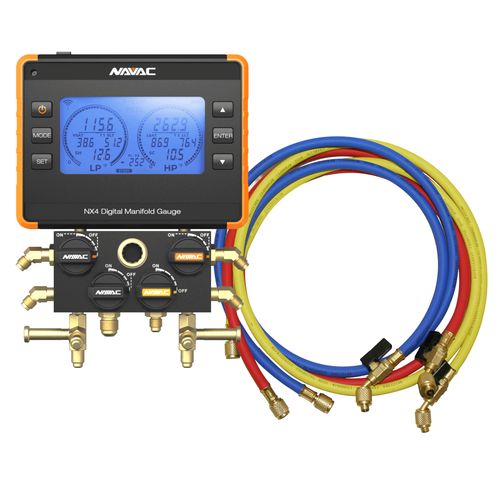 Main product image of Nexus 4-Valve Digital Manifold Gauge, Bluetooth-Enabled & 1/4" 45-Degree Charging Refrigerant Hose Set (5')