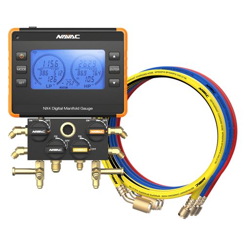 Main product image of Nexus 4-Valve Digital Manifold Gauge, Bluetooth-Enabled & 1/4" 45-Degree Low Loss Refrigerant Hose Set - Red, Blue, and Yellow (5')