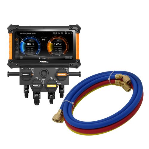 Main product image of Digital Manifold Gauge 4 Valve w/ Wireless Temp Clamps (Bluetooth and myNAVAC App Compatible) - w/o Vacuum Gauge & 1/4" 45-Degree Refrigerant Charging Hose Set (5')
