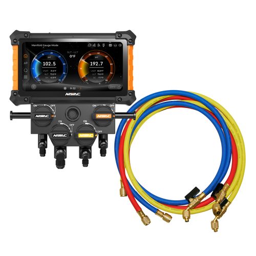 Main product image of Digital Manifold Gauge 4 Valve w/ Wireless Temp Clamps (Bluetooth and myNAVAC App Compatible) - w/o Vacuum Gauge & 1/4" 45-Degree Charging Refrigerant Hose Set (5')