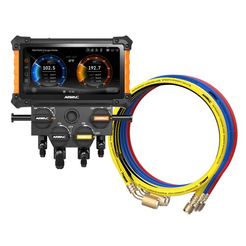 Main product image of Digital Manifold Gauge 4 Valve w/ Wireless Temp Clamps (Bluetooth and myNAVAC App Compatible) - w/o Vacuum Gauge & 1/4" 45-Degree Low Loss Refrigerant Hose Set - Red, Blue, and Yellow (5')