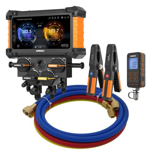 Main product image of Digital Manifold Gauge 4 Valve w/ Wireless Temp Clamps (Bluetooth and myNAVAC App Compatible) - w/ Vacuum Gauge & 1/4" 45-Degree Refrigerant Charging Hose Set (5')