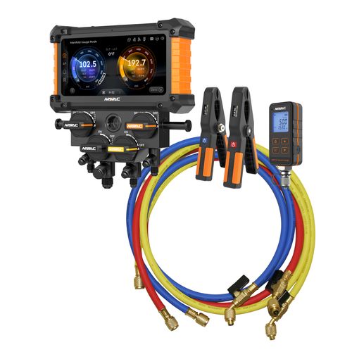 Main product image of Digital Manifold Gauge 4 Valve w/ Wireless Temp Clamps (Bluetooth and myNAVAC App Compatible) - w/ Vacuum Gauge & 1/4" 45-Degree Charging Refrigerant Hose Set (5')