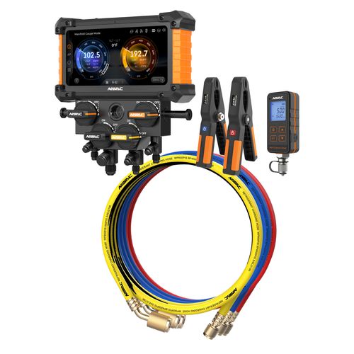 Main product image of Digital Manifold Gauge 4 Valve w/ Wireless Temp Clamps (Bluetooth and myNAVAC App Compatible) - w/ Vacuum Gauge & 1/4" 45-Degree Low Loss Refrigerant Hose Set - Red, Blue, and Yellow (5')
