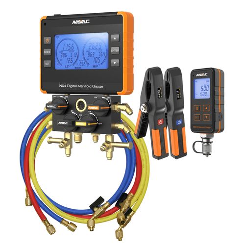 Main product image of NEXUS Digital Manifold Gauge Kit w/ Vacuum Gauge, Bluetooth-Enabled & 1/4" 45-Degree Charging Refrigerant Hose Set (5')