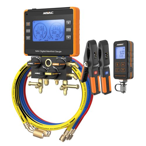 Main product image of NEXUS Digital Manifold Gauge Kit w/ Vacuum Gauge, Bluetooth-Enabled & 1/4" 45-Degree Low Loss Refrigerant Hose Set - Red, Blue, and Yellow (5')