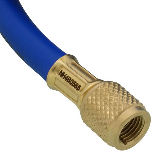 Main product image of 1/4" 45° Refrigerant Charging Hose w/Ball Valve - Blue (5')