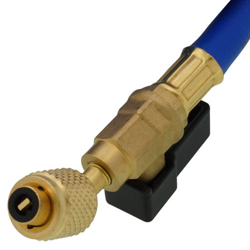 Main product image of 1/4" 45° Refrigerant Charging Hose w/Ball Valve - Blue (5')
