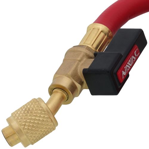 Main product image of 1/4" 45° Refrigerant Charging Hose w/Ball Valve - Red (5')