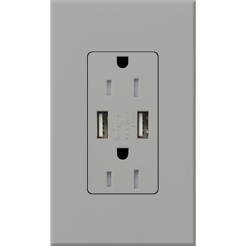 Main product image of Architectural 15A Tamper-Resist USB-A Duplex Receptacle, Self-Testing,w/ Wall Plate, Matte Finish, Gray