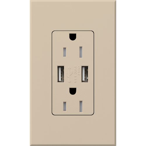 Main product image of Architectural 15A Tamper-Resist USB-A Duplex Receptacle, Self-Testing,w/ Wall Plate, Matte Finish, Taupe