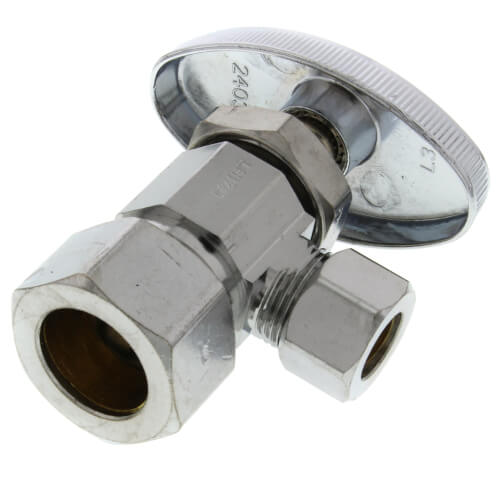 Main product image of 1/2" Nom Compr. (5/8" OD) x 3/8" O.D. Compr. Angle Stop Valve, Brass Stem, Lead Free (Chrome Plated)