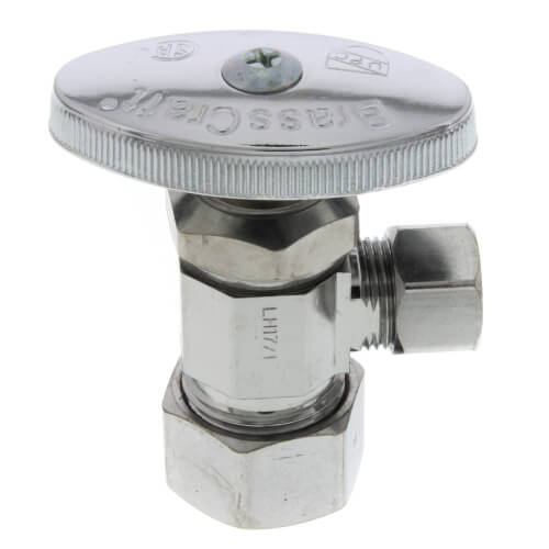 Main product image of 1/2" Nom Compr. (5/8" OD) x 3/8" O.D. Compr. Angle Stop Valve, Brass Stem, Lead Free (Chrome Plated)