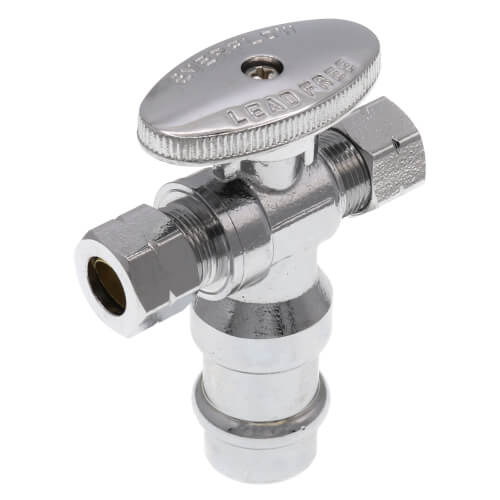 Main product image of 1/2" Press x 3/8" OD Compression x 3/8" OD Compression Quarter Turn Dual Outlet Stop Valve, Lead Free (Chrome Plated)