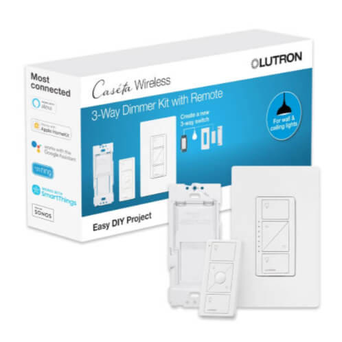 Main product image of Caseta Original Smart Dimmer 3-Way Kit with Remote, 150W LED+ Dimmer/3-Button Pico/Wall Mount Bracket/Claro Wall Plate, P-PKG1W-WH, White
