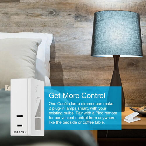 Main product image of Caseta Smart Plug-In Lamp Dimmer Kit, 100W LED Lamp Dimmer and 3-Button with Raise/Lower Pico Smart Remote, P-PKG1P-WH, White