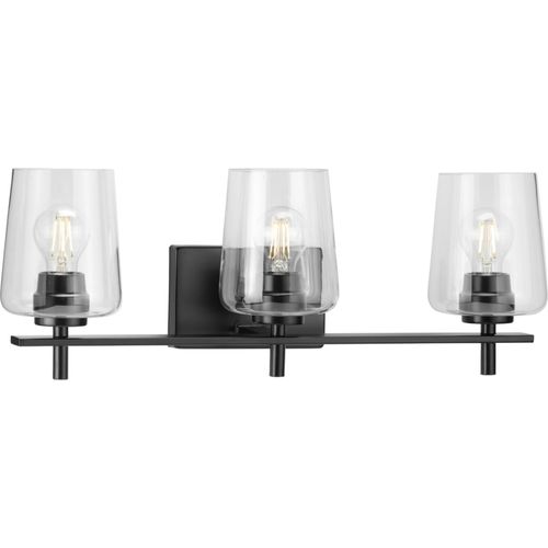 Main product image of Calais 3 Light Matte Black Clear Glass New Traditional Bath Vanity Light