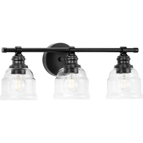 Main product image of Ambrose 3 Light Farmhouse Matte Black Clear Glass Bath Vanity Light