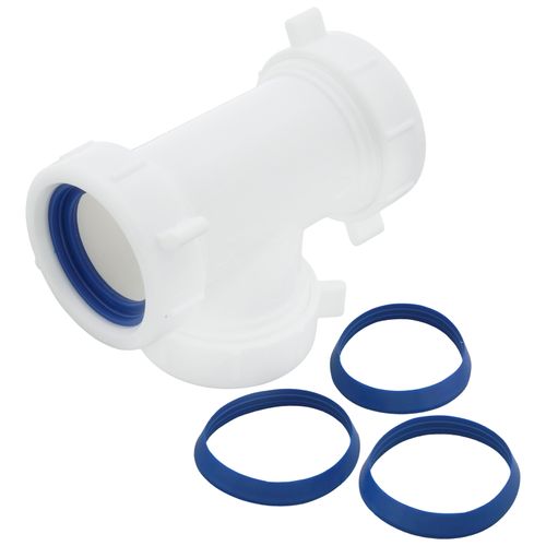 Main product image of 1-1/2" White Plastic 3 Way Slip Joint Tee w/ 1-1/4" Washer