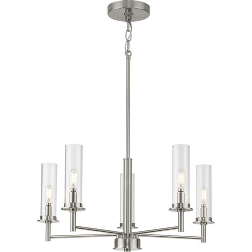 Main product image of Kellwyn 5 Light Brushed Nickel and Clear Glass Transitional Style Chandelier Light