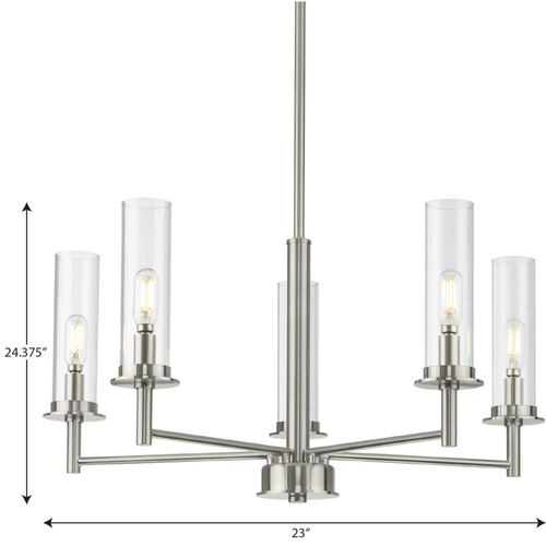 Main product image of Kellwyn 5 Light Brushed Nickel and Clear Glass Transitional Style Chandelier Light