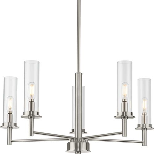 Main product image of Kellwyn 5 Light Brushed Nickel and Clear Glass Transitional Style Chandelier Light