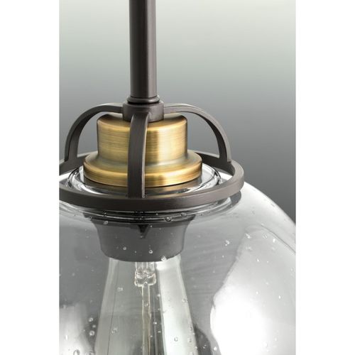 Main product image of Chronicle 1 Light Antique Bronze Clear Seeded White Opal Glass Coastal Mini-Pendant Light