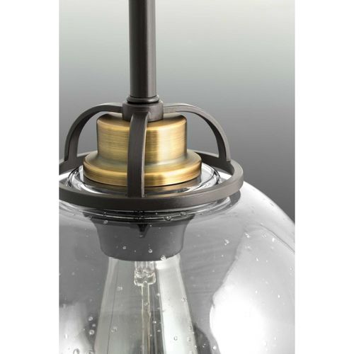 Main product image of Chronicle 1 Light Antique Bronze Clear Seeded White Opal Glass Coastal Mini-Pendant Light