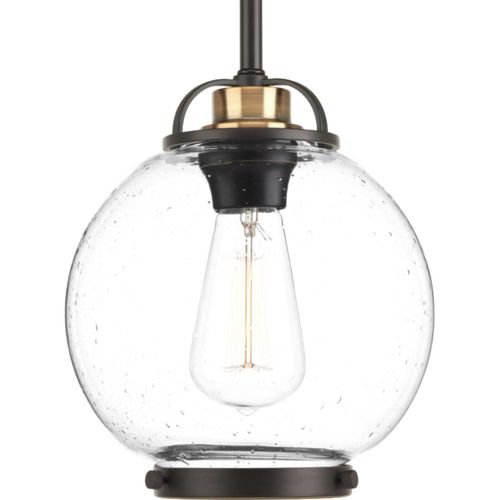 Main product image of Chronicle 1 Light Antique Bronze Clear Seeded White Opal Glass Coastal Mini-Pendant Light