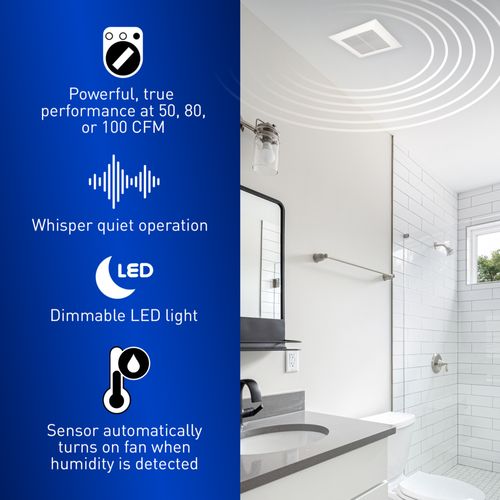 Main product image of Panasonic WhisperValue Ceiling/Wall Mount Bathroom Exhaust Fan with LED Light & Humidity Sensor, 50-80-100 CFM, FV-0510VSCL1