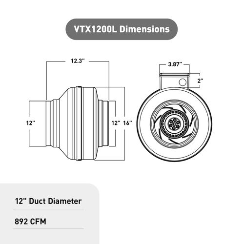 Main product image of Vortex Powerfan 12" Inline Duct Fan (313 to 892 CFM)