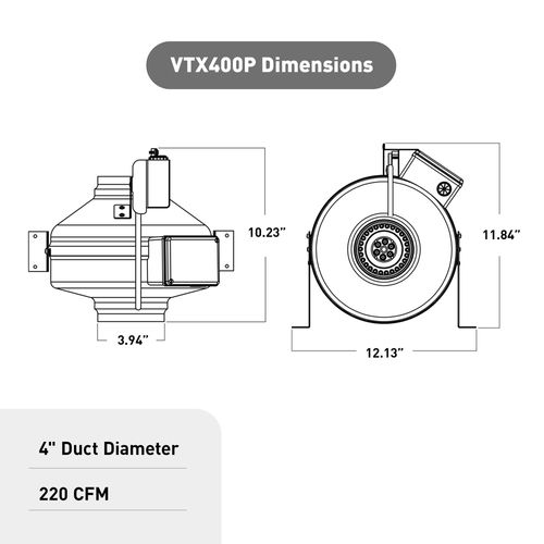 Main product image of Vortex Powerfan 4" Inline Duct Fan w/ Automatic Pressure Switch (15 to 198 CFM)