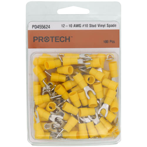 Main product image of #10 Stud Yellow Vinyl Insulated Spade Terminal - 12-10 AWG (Blister Pack of 100), PD455624