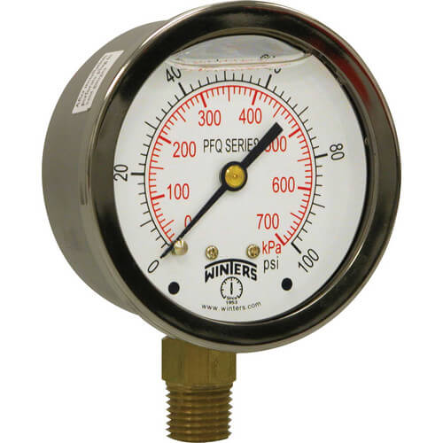 Main product image of 4" Stainless Steel Dual Scale Liquid Filled Gauge, 1/4" Bottom (0-60 PSI)
