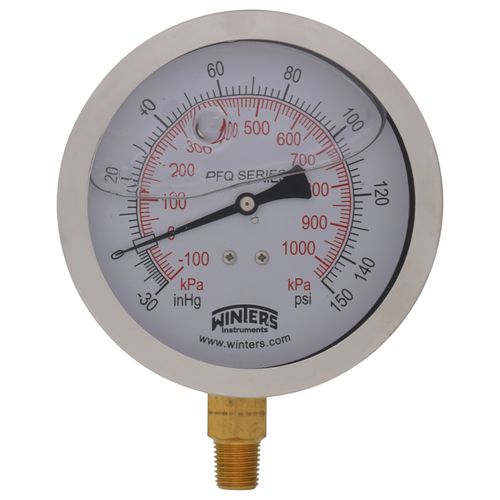 Main product image of 4" Stainless Steel Dual Scale Liquid Filled Gauge, 1/4" Bottom (30"Hg-0-150 PSI)