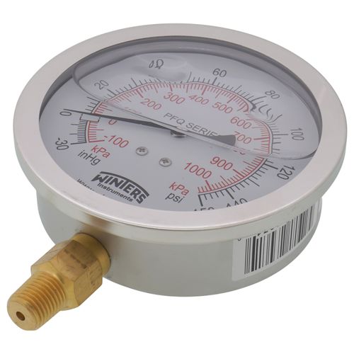 Main product image of 4" Stainless Steel Dual Scale Liquid Filled Gauge, 1/4" Bottom (30"Hg-0-150 PSI)
