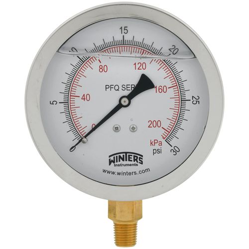Main product image of 4" Stainless Steel Dual Scale Liquid Filled Gauge, 1/4" Bottom (0-30 PSI)